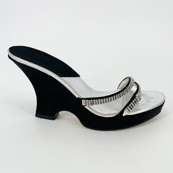 Dior Vintage Y2K Black Silver Crystal Logo Platform Wedge Sandal Mule EU 37.5 - Picture 3 of 15